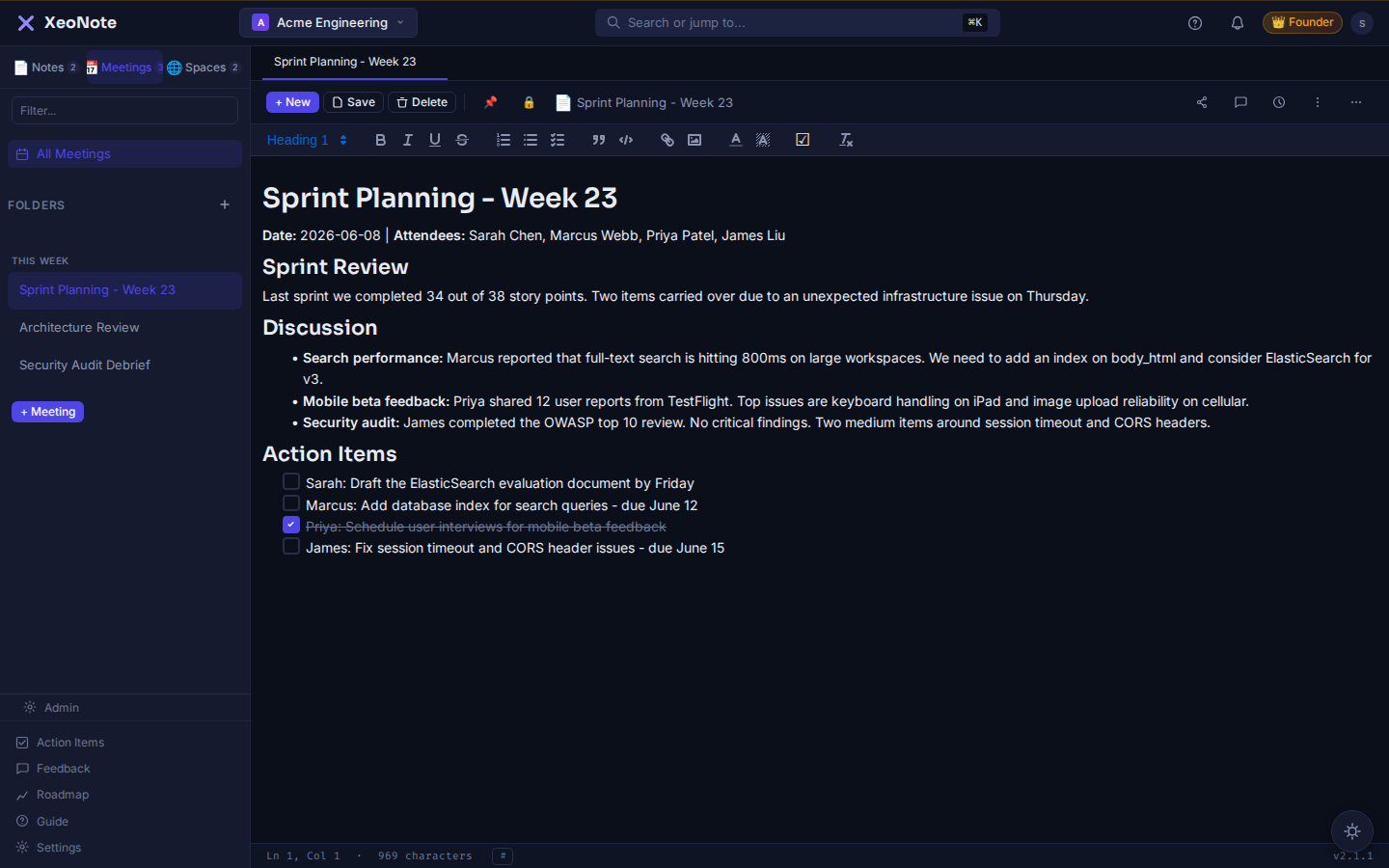 A XeoNote meeting note with auto-extracted action items, owners tagged, and the action-items tracker on the right.